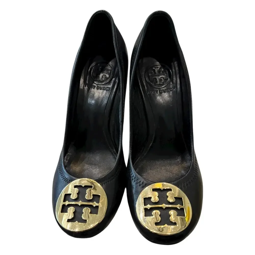 Tory Burch Sophie Logo Wedge Pumps Black Leather Women’s 6.5M